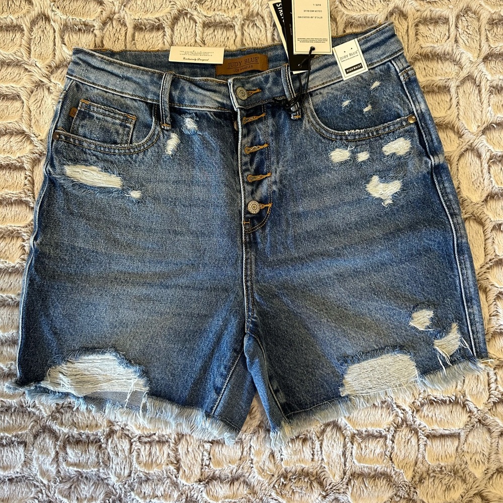 Judy Blue Ripped Button-Fly Jean Shorts - Blue